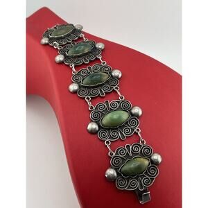 Vintage Jade Mexico Sterling Silver Panel Bracelet